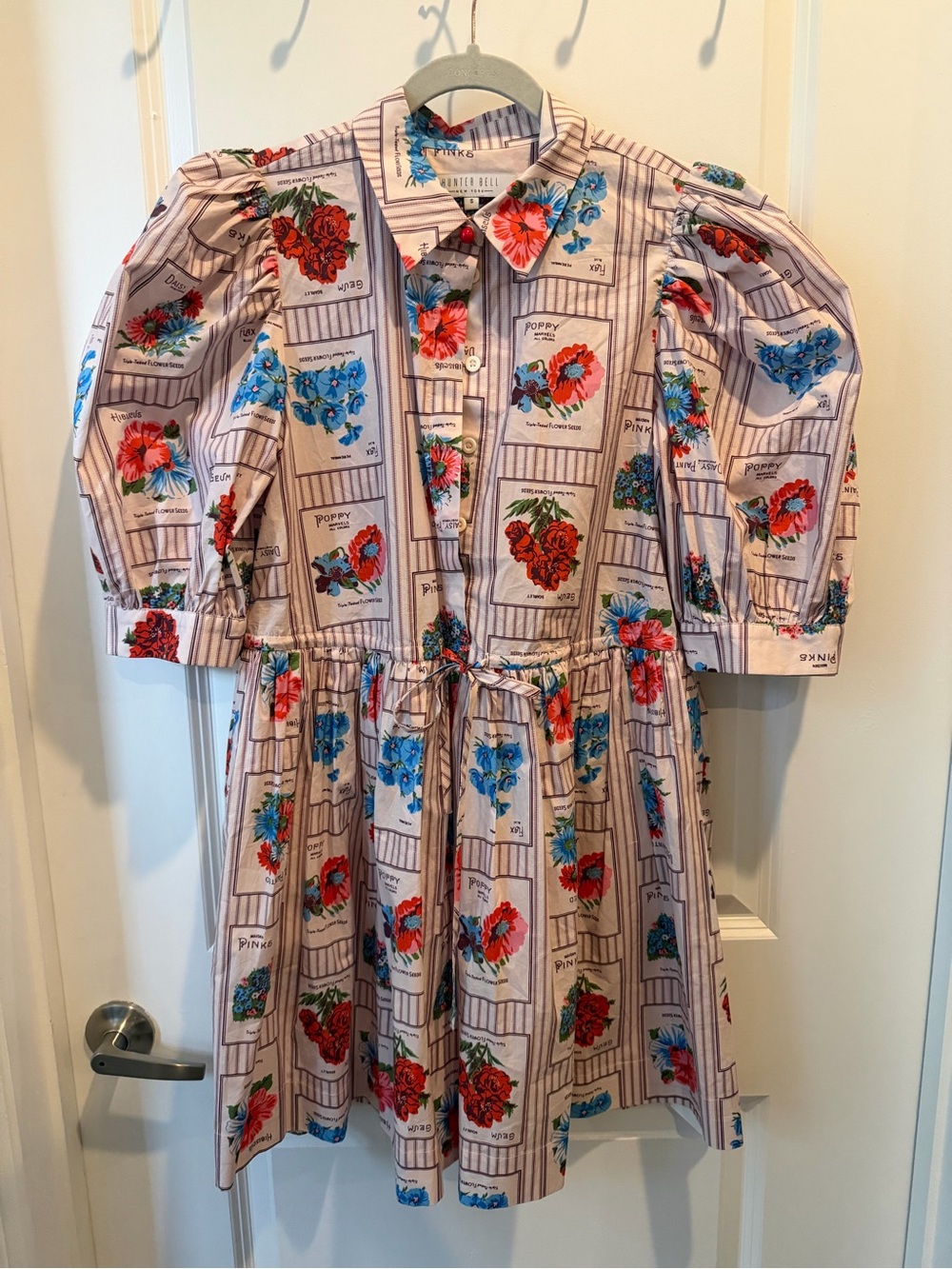 HUNTER BELL Pink Floral Print Puff-Sleeve Mini Dress with Red and Blue Blooms